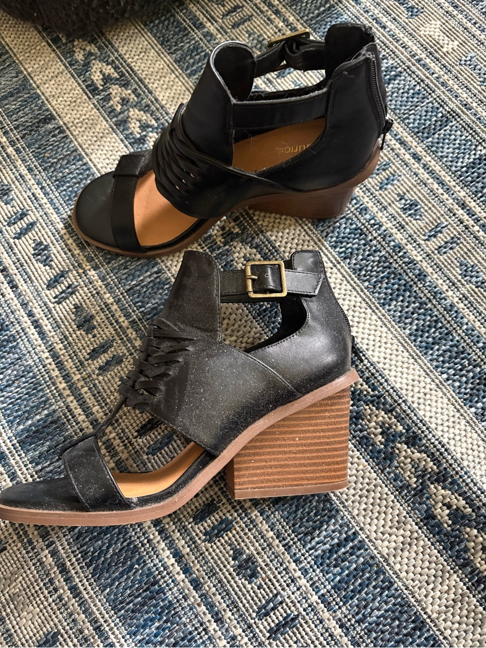 Maurice’s Black Braided Strappy Block Heel Sandals, in great condition.